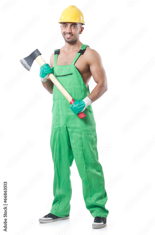 Worker with axe isolated on white Worker with axe isolated on white