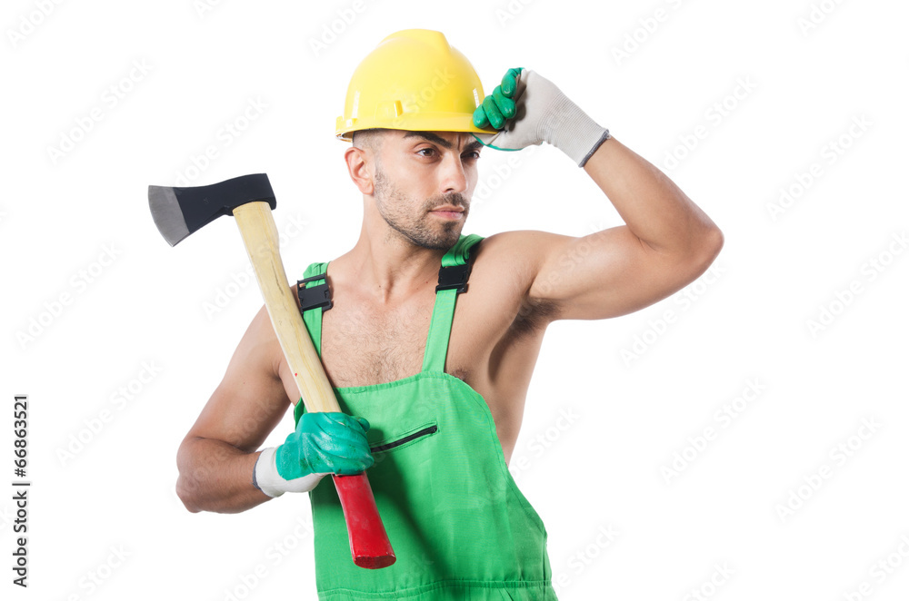 Worker with axe isolated on white
