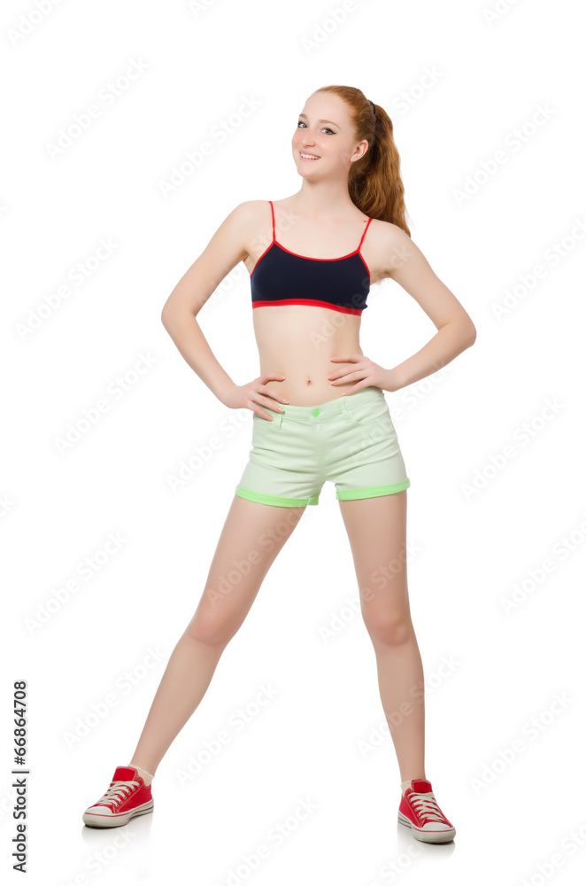 Young woman doing sport exercises isolated on white Young woman doing sport exercises isolated on white