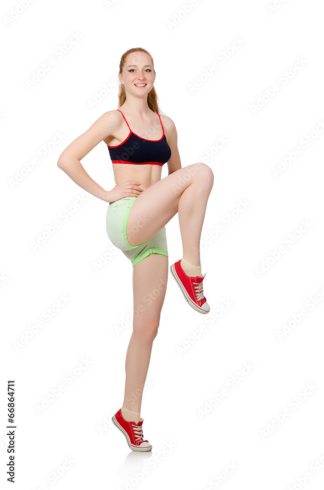 Young woman doing sport exercises isolated on white Young woman doing sport exercises isolated on white
