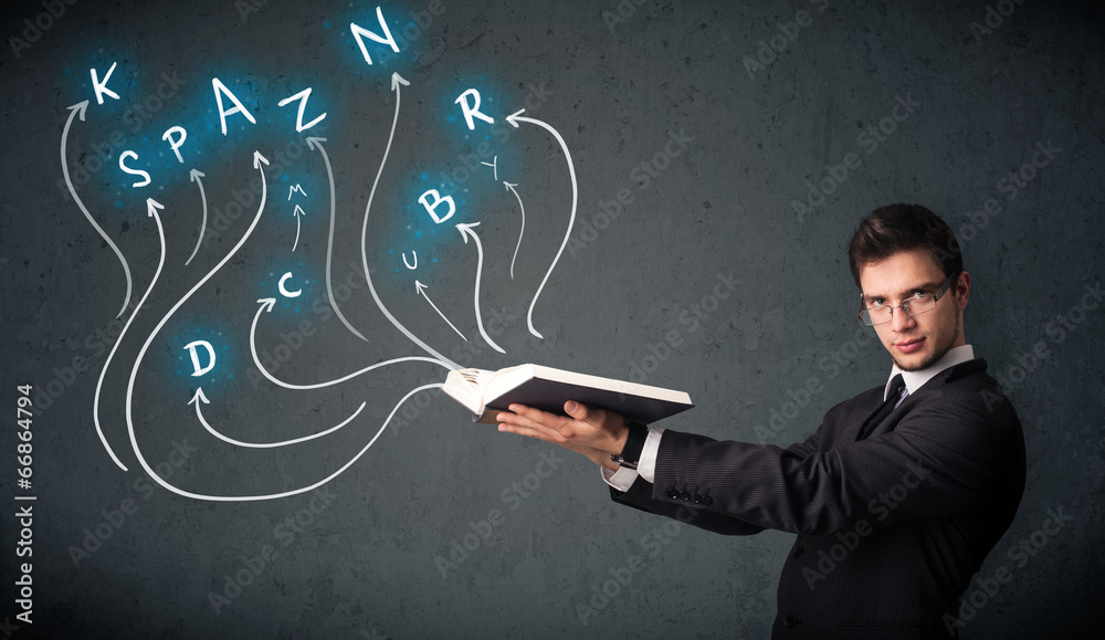 man reading a book while multiple choices are coming out of the