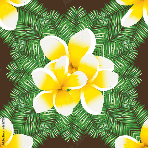 Plumeria seamless vector pattern palm leaves.