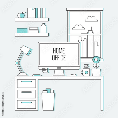 Flat thin line icons for home office