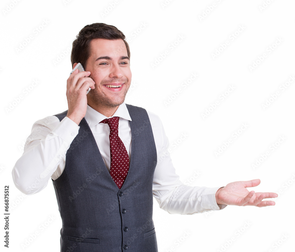 Happy man calling by mobile.