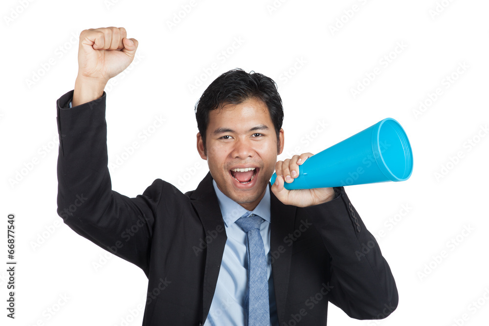 Asian businessman cheer up with megaphone Asian businessman cheer up with megaphone