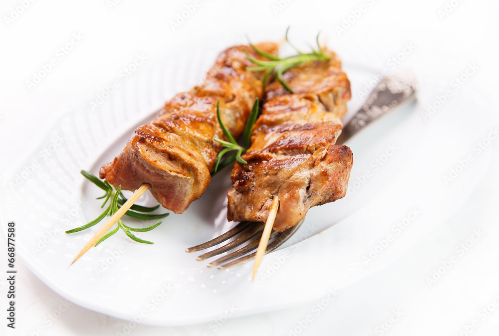 meat skewers, kebab with paprika vegetable salsa