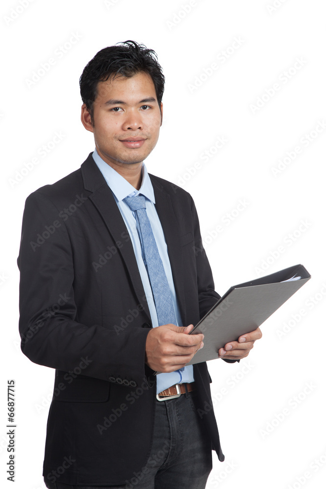 Asian businessman hold a folder look at camera Asian businessman hold a folder look at camera