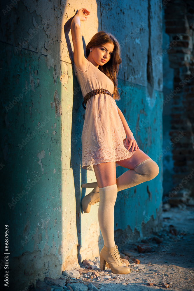 full length portrait of sensual girl in old house.Fashion scene full length portrait of sensual girl in old house.Fashion scene