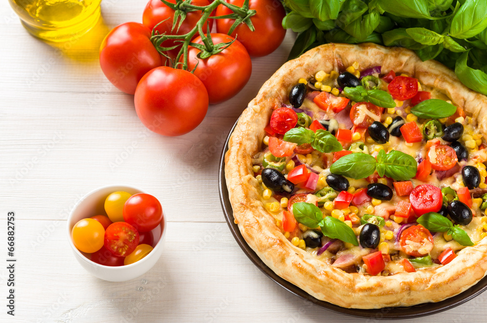 Pizza on wooden table