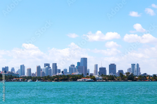 Miami city skyline from Miami Beach waterfront.