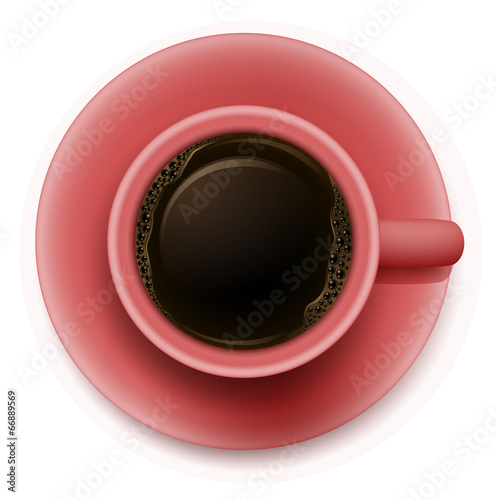 A topview of a red cup with coffee
