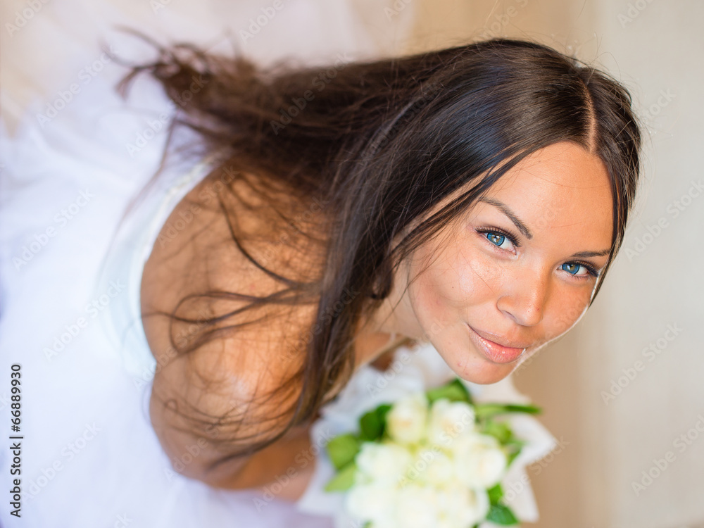 High view portrait of beautiful happy bride High view portrait of beautiful happy bride