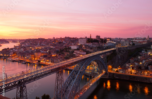 Portugal, Porto, Luis I Bridge on a sunset, top view
