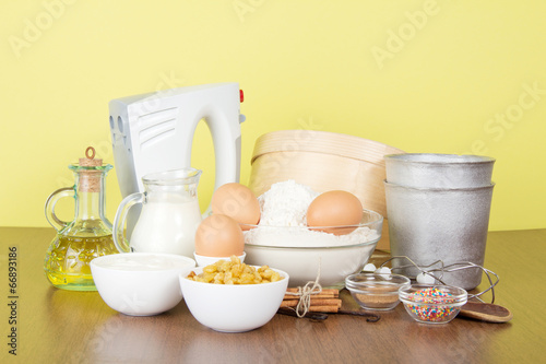 Set of products and an Easter cake baking dish