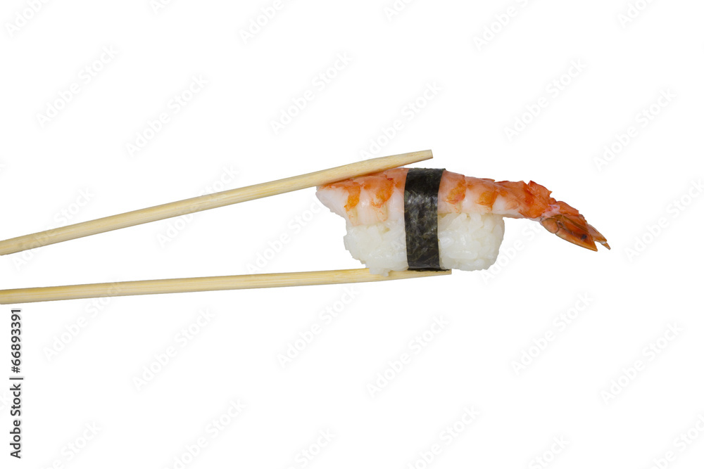 Sushi nigiri in chopsticks isolated on white backround Sushi nigiri in chopsticks isolated on white backround