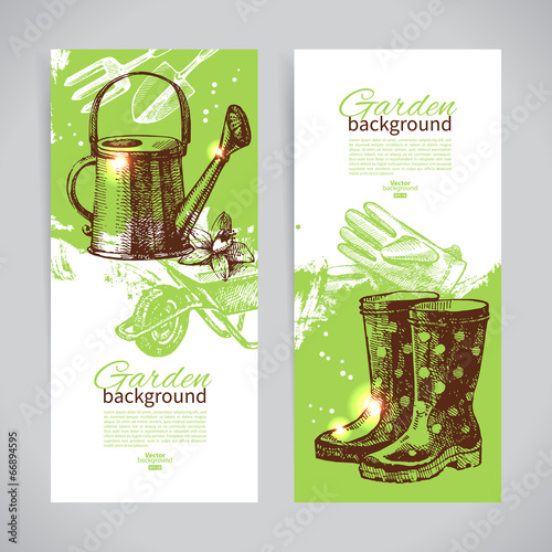 Set of sketch gardening banner templates. Hand drawn vintage ill