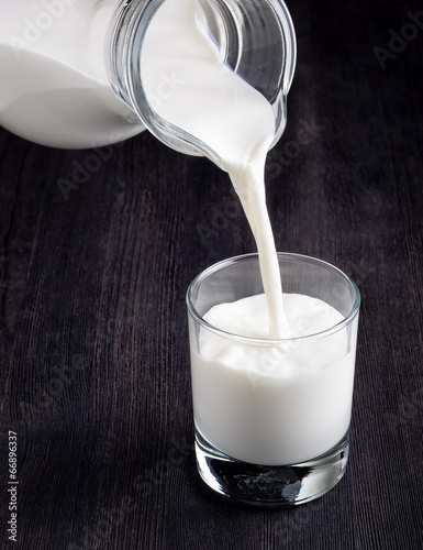 Milk pouring into a glass on black board