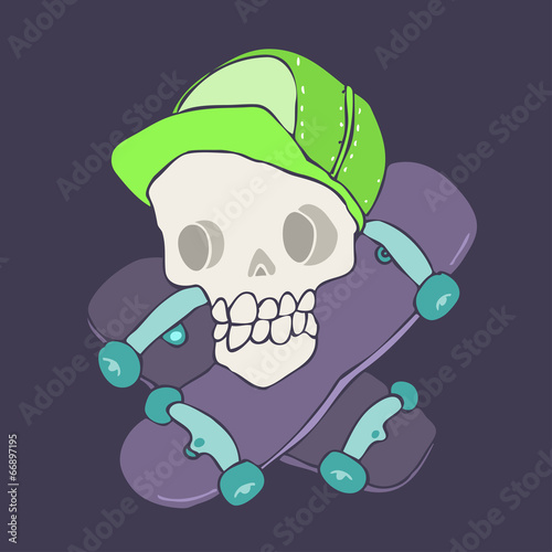 skull and skateboard vector illustration, hand drawn