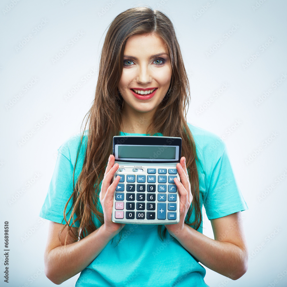 Isolated woman hold count machine. Isolated female portrait. Isolated woman hold count machine. Isolated female portrait.
