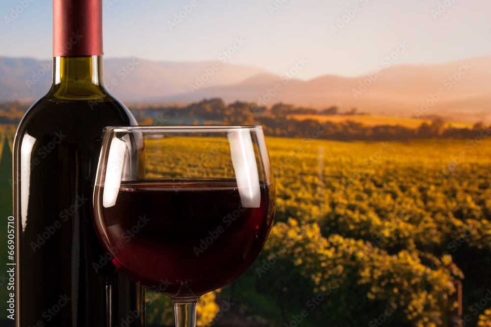 glass with red wine and bottle