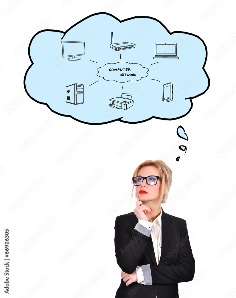 businesswoman thinking about computer network businesswoman thinking about computer network