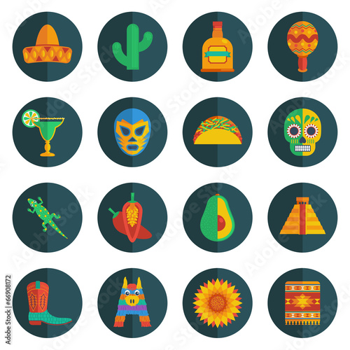 Mexican round icons vector clipart set sombrero pinata maraca cactus sugarskull isolated on white