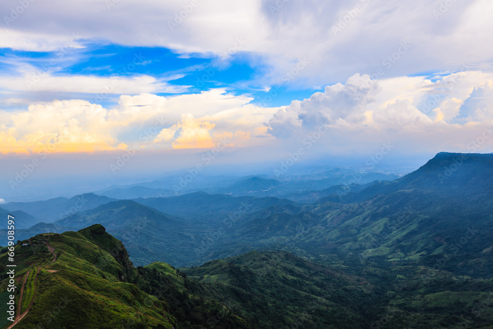 mountains view under mist in the morning, 