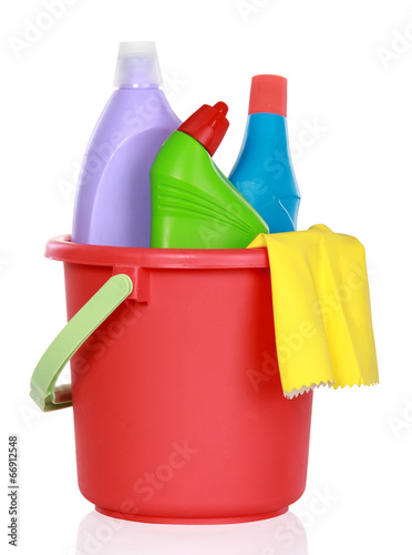 cleaning supplies in bucket