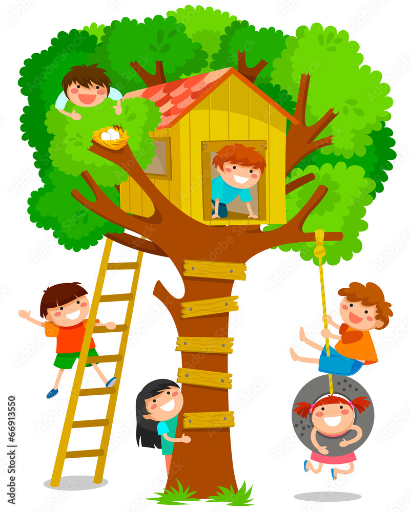 Naklejka premium dzieci bawiące się w domku na drzewie