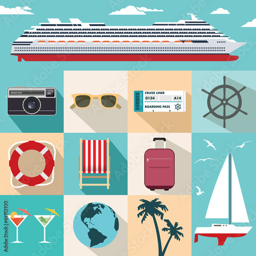 Cruise ship vacation flat icon set