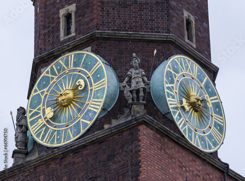 Fragment of the main tower of the city hall, Wroclaw, Poland photo