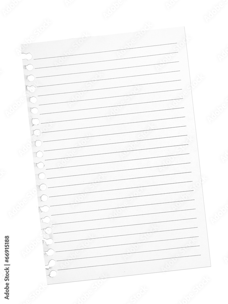 Torn page from spiral bound notebook. Blank. White background. Torn page from spiral bound notebook. Blank. White background.