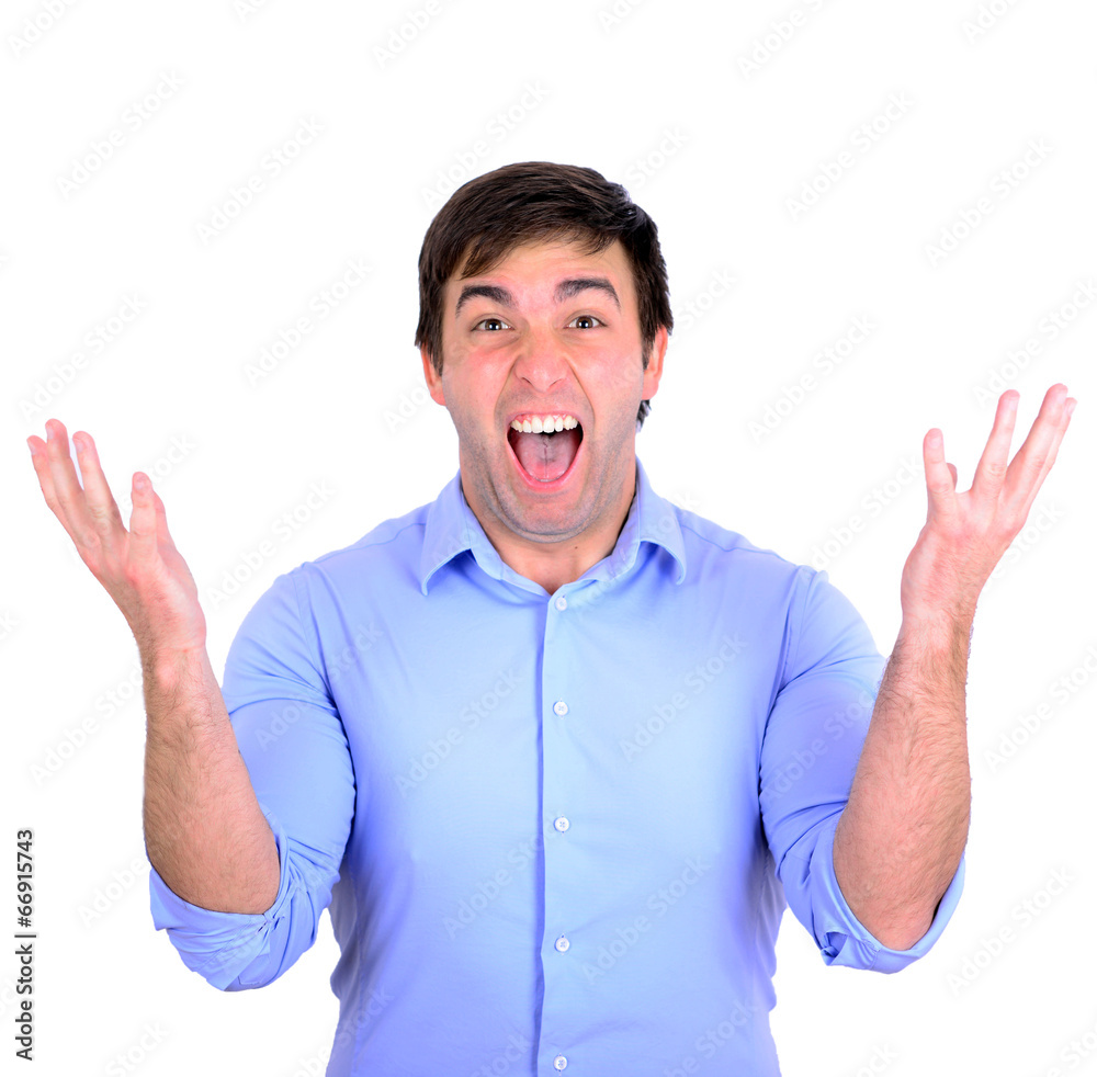 Successful man celebrating with arms up and shouting of joy isol Successful man celebrating with arms up and shouting of joy isol