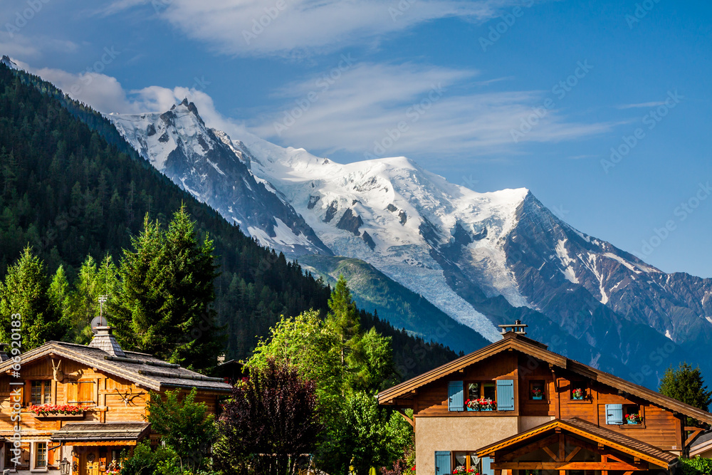 Beautiful wood chalet in Chamonix, France, Mont Blanc on a sunny