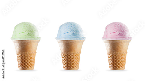 Ice creams in cones, isolated on white background