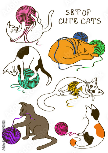 Set of cats playing ball of yarn