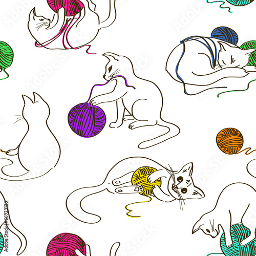 Seamless pattern with cats playing ball of yarn