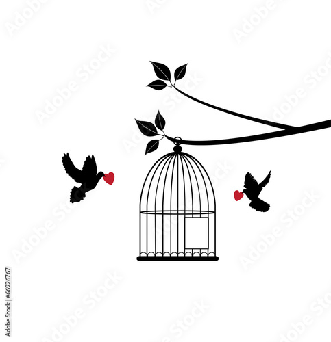 vector bird cage with doves and red hearts