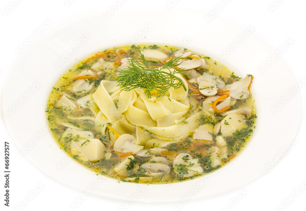 soup of vegetables and mushrooms in a restaurant soup of vegetables and mushrooms in a restaurant