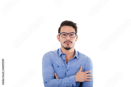 young hispanic man with blue shirt and glasses