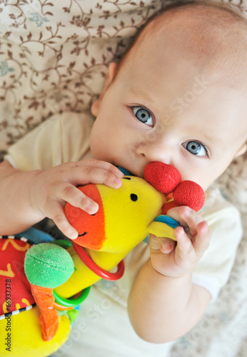 baby biting a toy