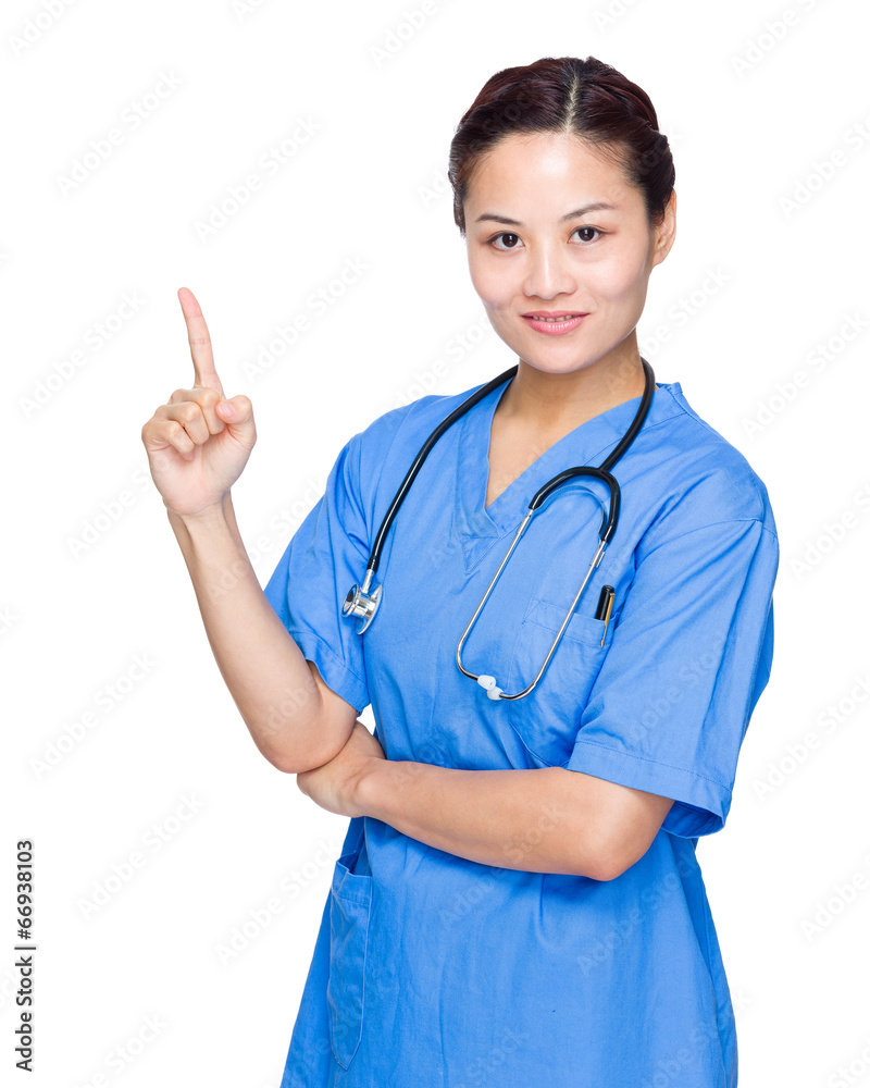 Female doctor with blue uniform and finger point out Female doctor with blue uniform and finger point out