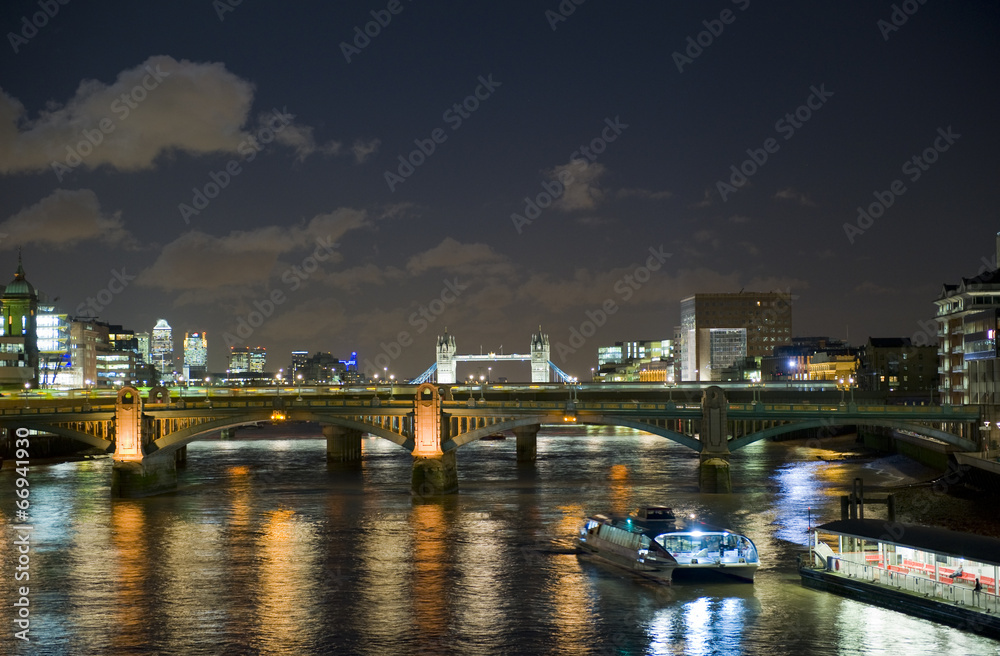 London at night, looking towards Tower bridge.