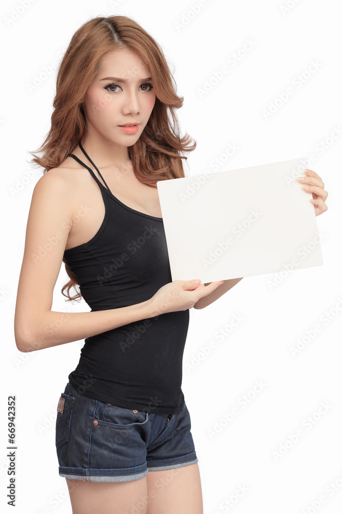 Beautiful asian women holding blank board - isolated over a whit Beautiful asian women holding blank board - isolated over a whit