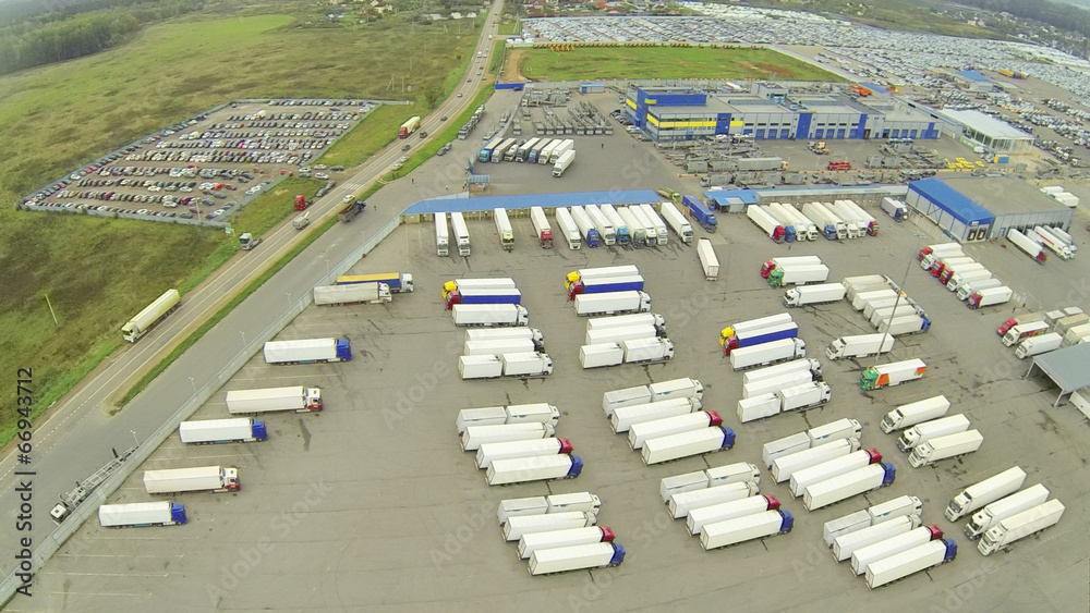 Above view of truck parking. View from unmanned quadrocopter.