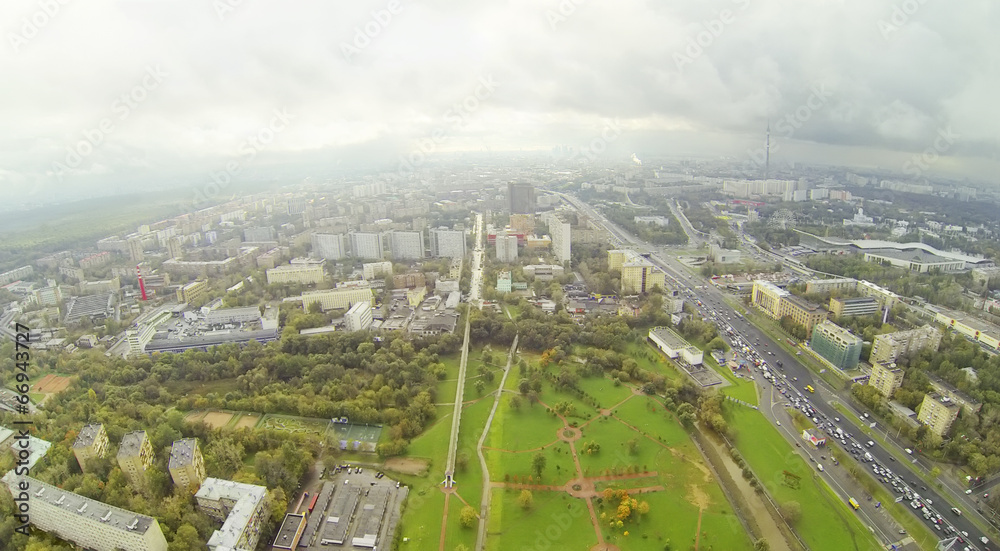 Panorama of Moscow, Russia at cloudy day.