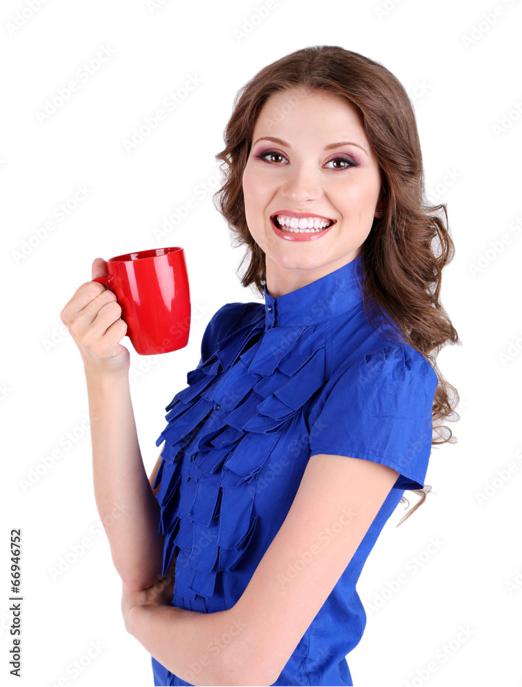 Young business woman with cup isolated on white Young business woman with cup isolated on white