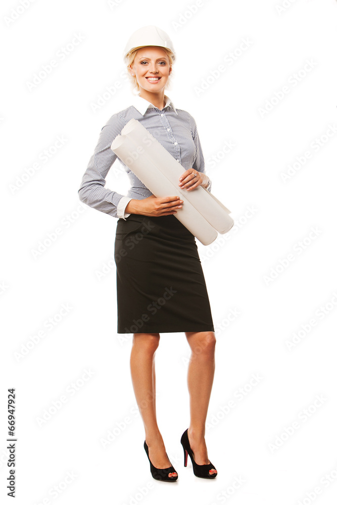 woman engineer with blueprint in helmet on white background woman engineer with blueprint in helmet on white background