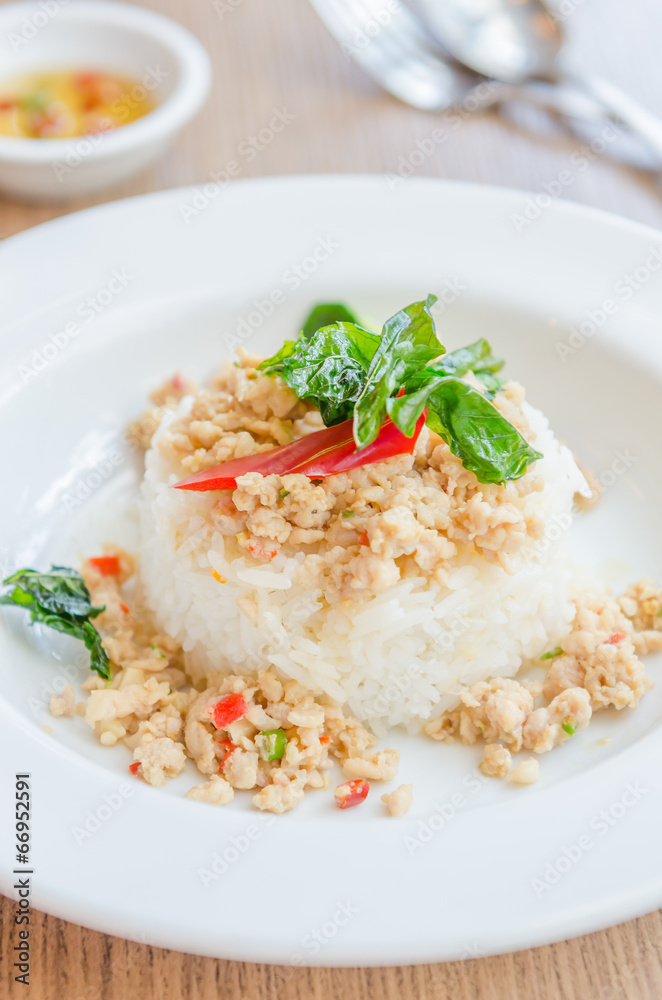 Spicy fried chicken with basil and rice Spicy fried chicken with basil and rice