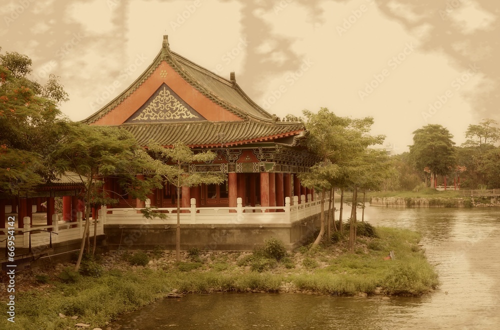 Vintage Photo of Temple by the Lake